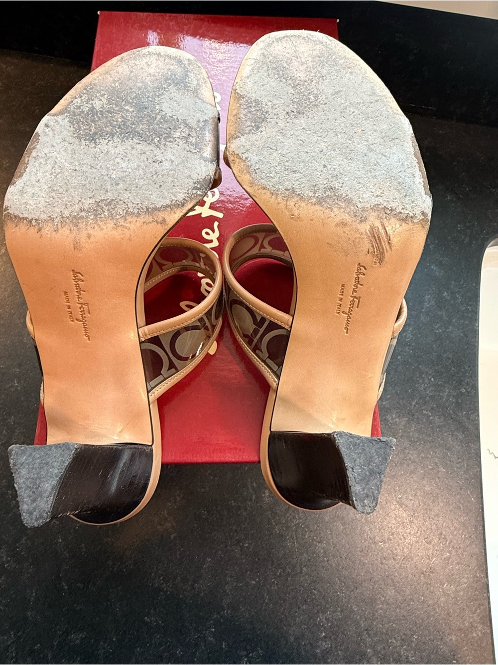 Vintage Salvatore Ferragamo Tan Logo Double-Strap Slide Mules - Picture 5 of 7